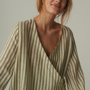 Ready to ship - Junko olive stripes linen dress - Wrap linen dress - Maternity linen dress - Oversized linen dress - Summer dress image 7