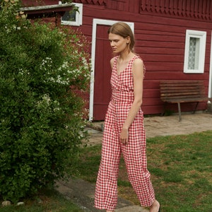 Frankie red gingham linen trousers Linen pants Linen Trousers Gingham Linen Trousers image 3