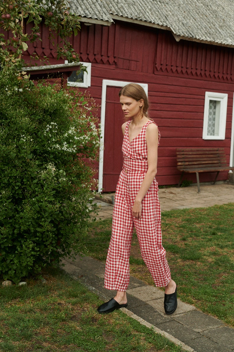 Frankie red gingham linen trousers Linen pants Linen Trousers Gingham Linen Trousers image 3