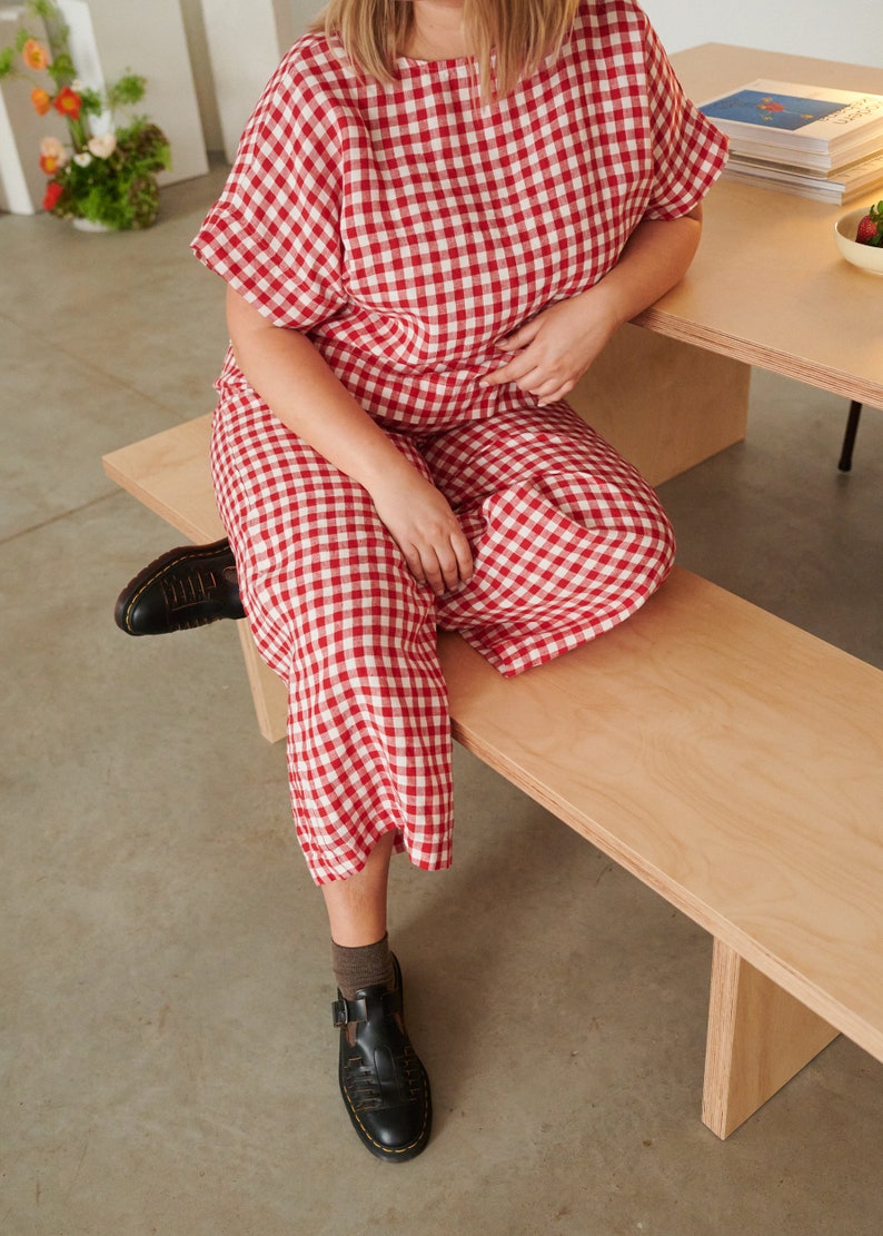 Ocean Red Gingham Trousers Linen pants Linen Trousers Gingham Linen Trousers image 6