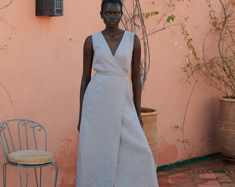 Nuria neutral grey wrap linen dress - Long wrap linen dress - Midi wrap linen dress - Deep side slits linen dress