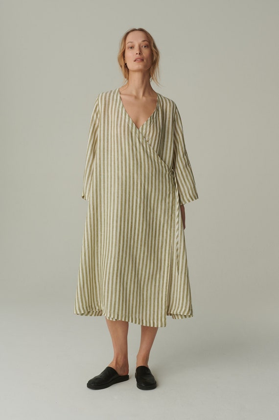 chinese dress ladies Ivy Linen Midi Dress-Olive, Ivory Stripe