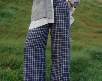 Ocean Checkered Linen Pants - Dark Blue Checks Linen - Cropped Woman's Pants - Linen Trousers - Linen Culottes - Pants for Women - Plus Size