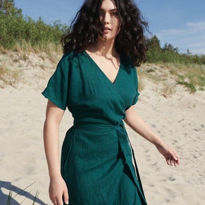 Mimosa emerald green dress Wrap linen dress Maternity linen dress Oversized linen dress Summer dress Linen dress image 5