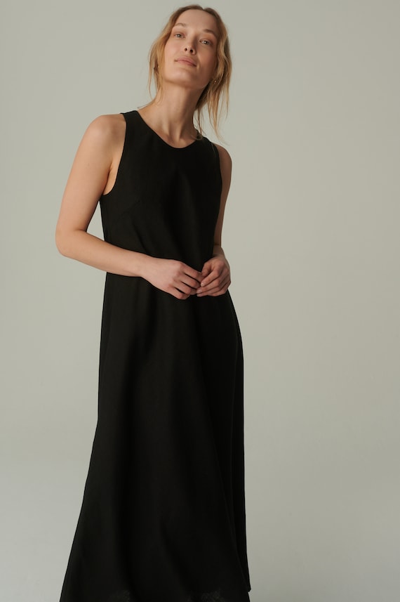 knee length dresses for ladies LOTUS BLACK LINEN MINI DRESS – DISSH main image 1