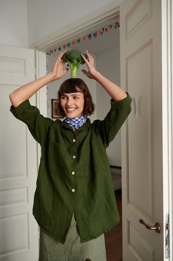 Kay Forest Green Shirt - Linen Shirt - Drop Shoulder Shirt