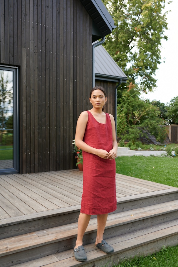 Monstera burgundy red dress - Linen dress - Summer dress - Simple Linen dress - Tank top dress - Loose Linen dress - Linen tunic