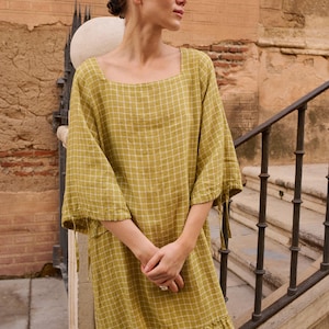 Vilte pickle checks linen dress - Linen dress - Ruffled skirt - Summer dress - Oversized - Chic linen dress - Soft linen dress-Wide sleeved