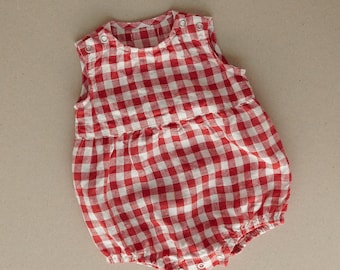 Unisex linen gingham baby romper