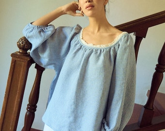Oversized Gingham Linen Blouse with Lace Details - Matilda - Dusty Blue Gingham Relaxed Fit Top - Long Sleeved Top - Lace Summer Gingham Top