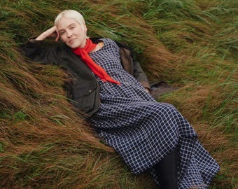 Margo Dark Blue Checks Linen Dress - Ready to Ship -  Checkered Linen Dress - Oversized Fall Dress - Long Dress - Maxi Woman's Dress