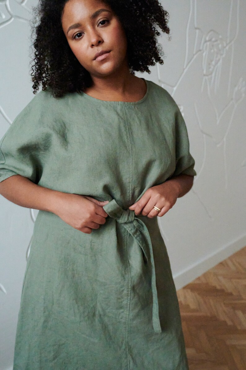 Rush pine green dress Cocoon linen dress Loose linen dress Oversized linen dress Summer dress Linen dress image 2