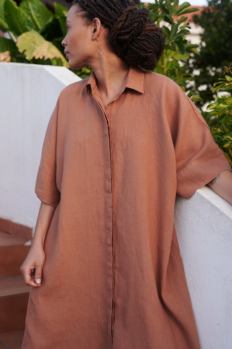 Annika mocha mousse linen dress Oversized dress Snap button linen dress Maxi linen dress Button down dress Shirt dress image 3