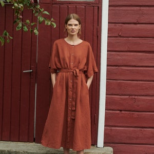 ワンピース alexia stam/linen v-neck dress brown Athiec Terracotta Linen Dress - Snap Button Linen Dress