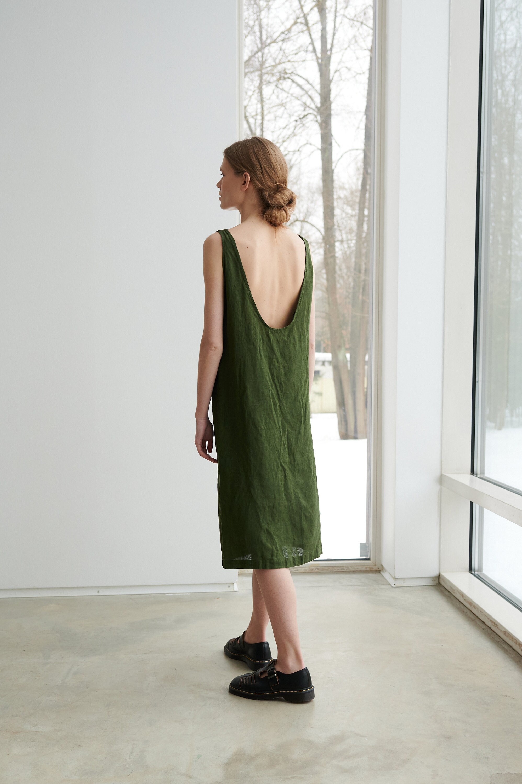 Monstera forest green dress - Linen dress - Summer dress - Simple Linen dress - Tank top dress - Loose Linen dress - Linen tunic