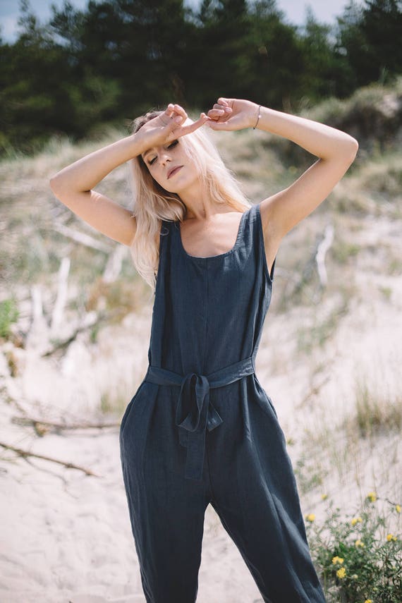 Long Linen Jumpsuit for Women / Maxi Overalls with Back Zip / Green