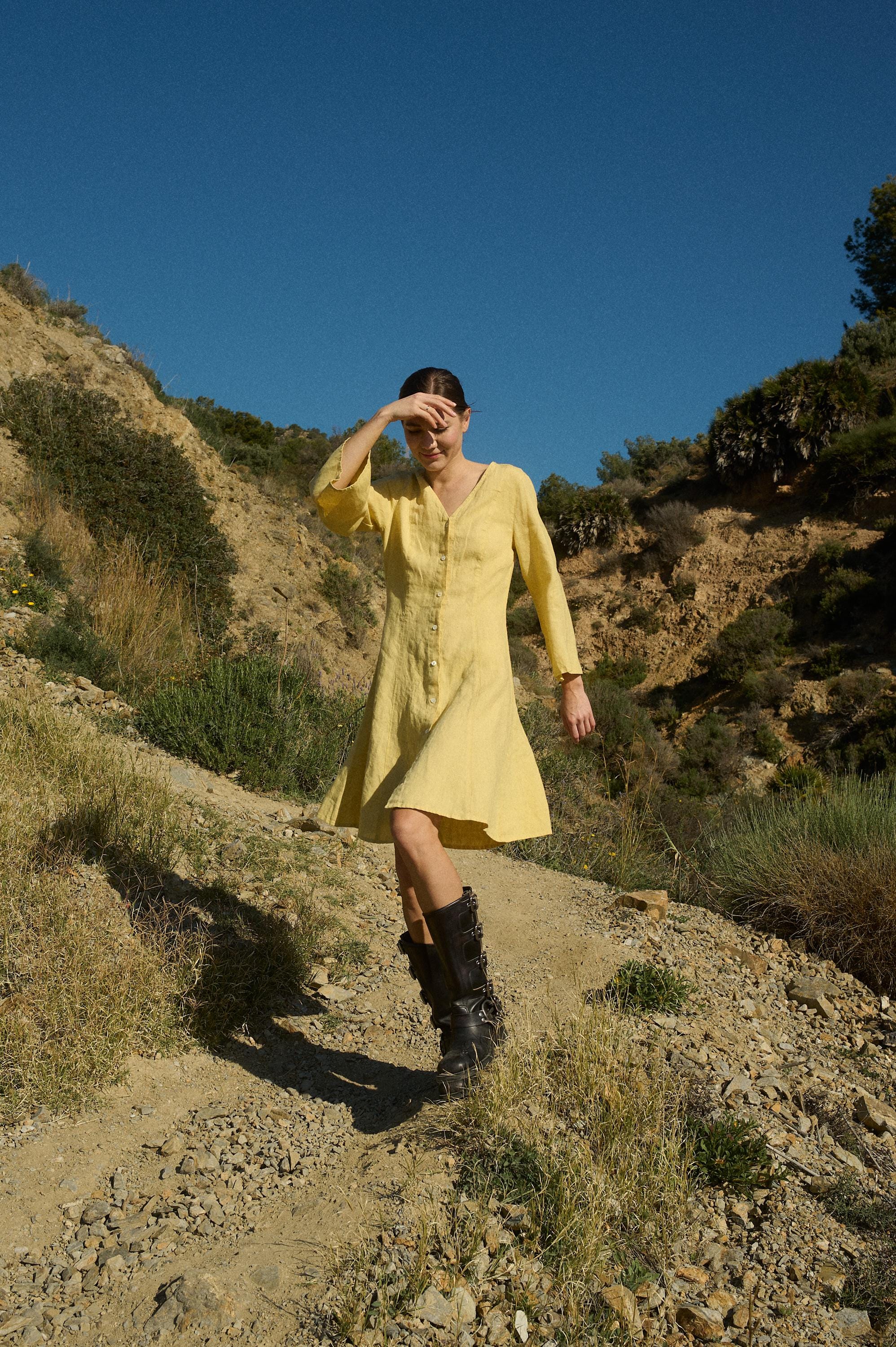 Sierra Butter Linen Dress - V-Neck Button-Down A-Line Flared Vintage-Inspired Relaxed Fit Summer