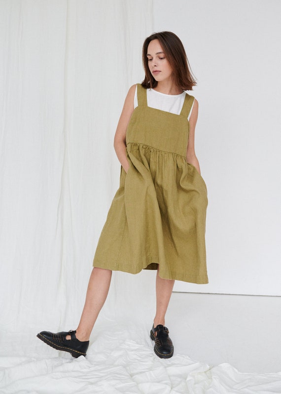 Summer Olive Dress Pinafore Dress Linen Dress Oversized Dress Summer Linen  Dress Midi Dress Loose Linen Dress - Etsy