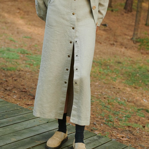 Jupe grise naturelle épaisse Heidi - Jupe en lin épais - Jupe longue en lin - Jupe en lin à boutons-pression - Jupe en lin épais lavé