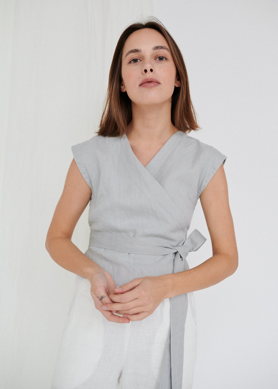 Sleeveless Wrap Top in White Premium European Linen main image 1