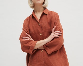 Kay terracotta shirt - Linen shirt - Drop shoulder shirt - Oversized linen shirt - Washed linen clothes - Linen everyday shirt