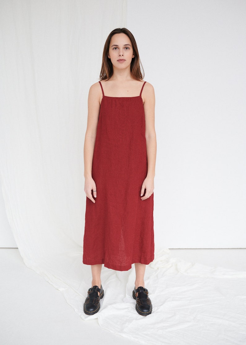 Aurora burgundy red dress Linen dress Long dress with straps Summer dress Soft linen dress Minimal linen dress image 5