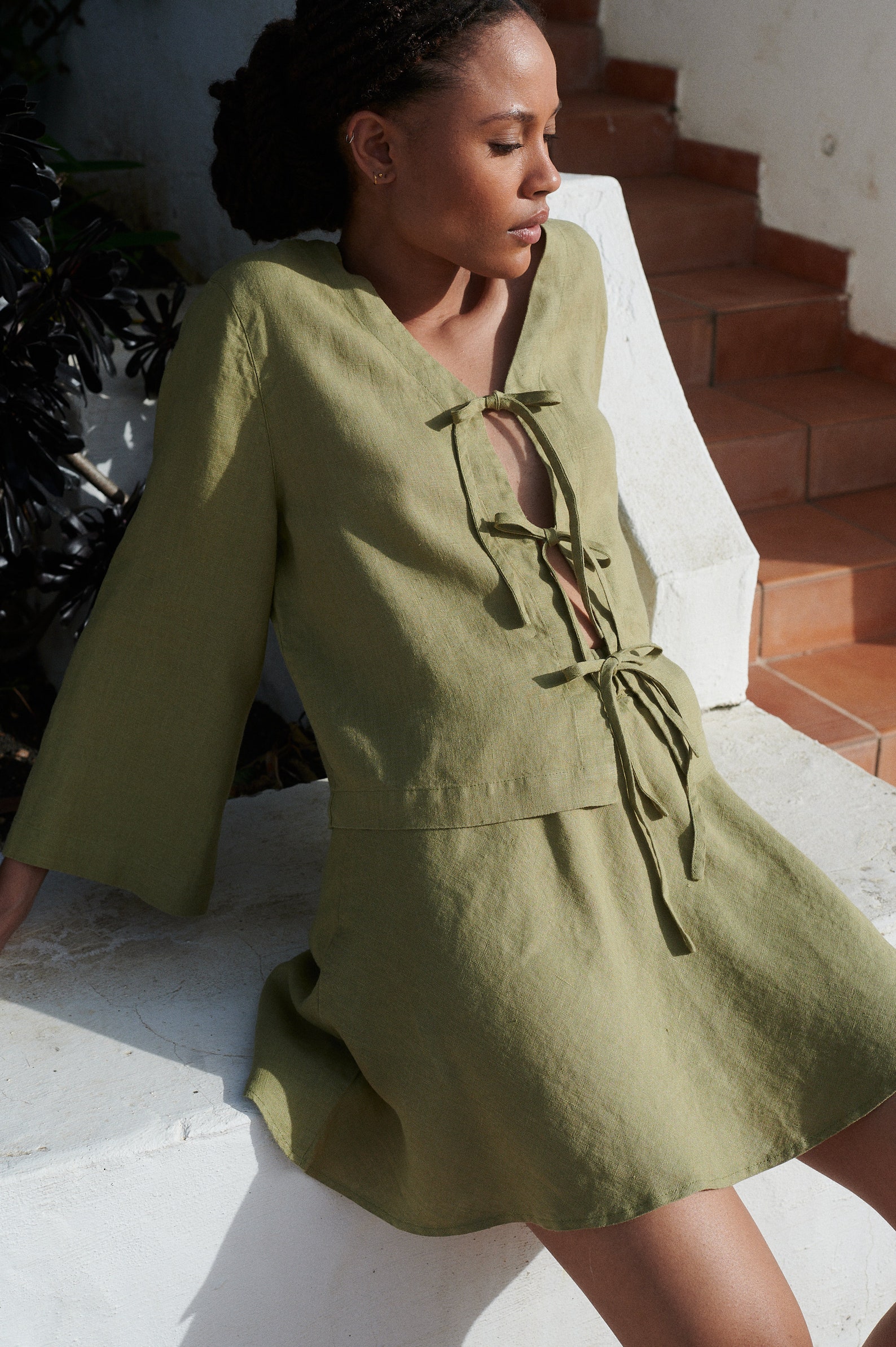 Marina Olive Linen Top Tie up Front Top Linen Blouse Loose Linen Blouse ...