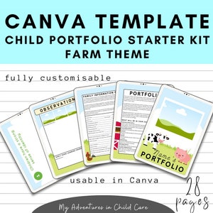 May include: A Canva template for a child's portfolio with a farm theme. The template includes pages for observation, family information, and a portfolio. The template is fully customizable and usable in Canva. The template has 28 pages.