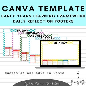 May include: A Canva template for early years learning framework daily reflection posters. The template includes five pages, each with a different day of the week: Monday, Tuesday, Wednesday, Thursday, and Friday. Each page has a colorful chevron border and space for writing about learning outcomes and extension ideas.