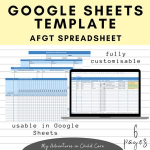 Peut inclure: Un modèle Google Sheets pour une feuille de calcul AFGT comprenant six pages de tableaux bleus et blancs pour le suivi des évaluations. L'interface affiche des colonnes pour les noms des élèves, l'assiduité et les besoins d'apprentissage.