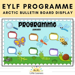 Op de afbeelding: Een kleurrijk prikbord met de tekst "EYLF PROGRAMME" en "ARCTIC BULLETIN BOARD DISPLAY". Het bord toont het woord "programme" en de maand "JANUARI". Het bevat cartoon insecten en tekstballonnen voor educatieve inhoud.