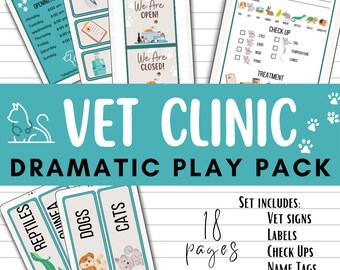 May include: A printable pack for dramatic play, featuring a vet clinic theme. The pack includes 18 pages of printable signs, labels, check-up forms, name tags, and more. The image shows a variety of printable items, including a sign that says "We Are Open!" and a sign that says "We Are Closed!" The image also shows a printable animal medical record form.
