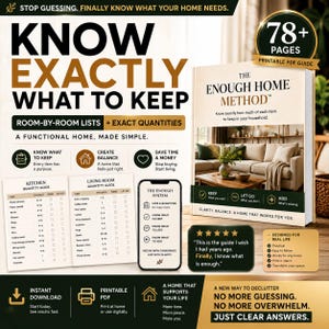Peut inclure: Image promotionnelle pour le livre "The Enough Home Method", un guide de désencombrement et d'organisation. La couverture présente une scène de salon. L'image comprend des listes pièce par pièce, une maquette de téléphone et un badge "78+ pages".