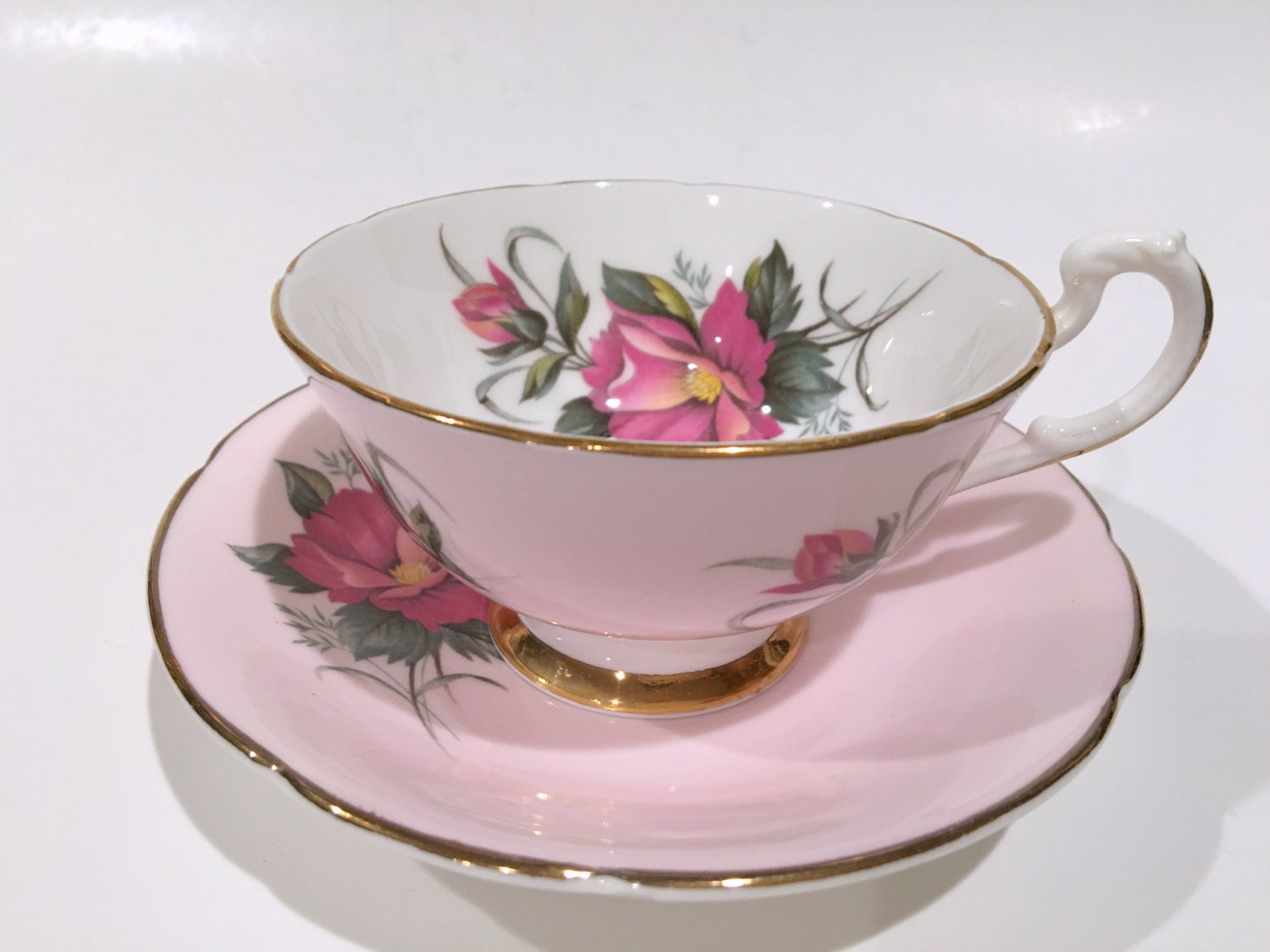 Crownford Tea Cup and Saucer, Pink Tea Cups, English Bone China Cups
