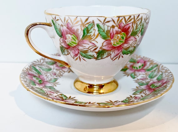 Gladstone Tea Cup and Saucer , Floral Tea Cup , English Bone China , Hand Painted Teacup , Hostess Gift , Housewarming Gift for Her
