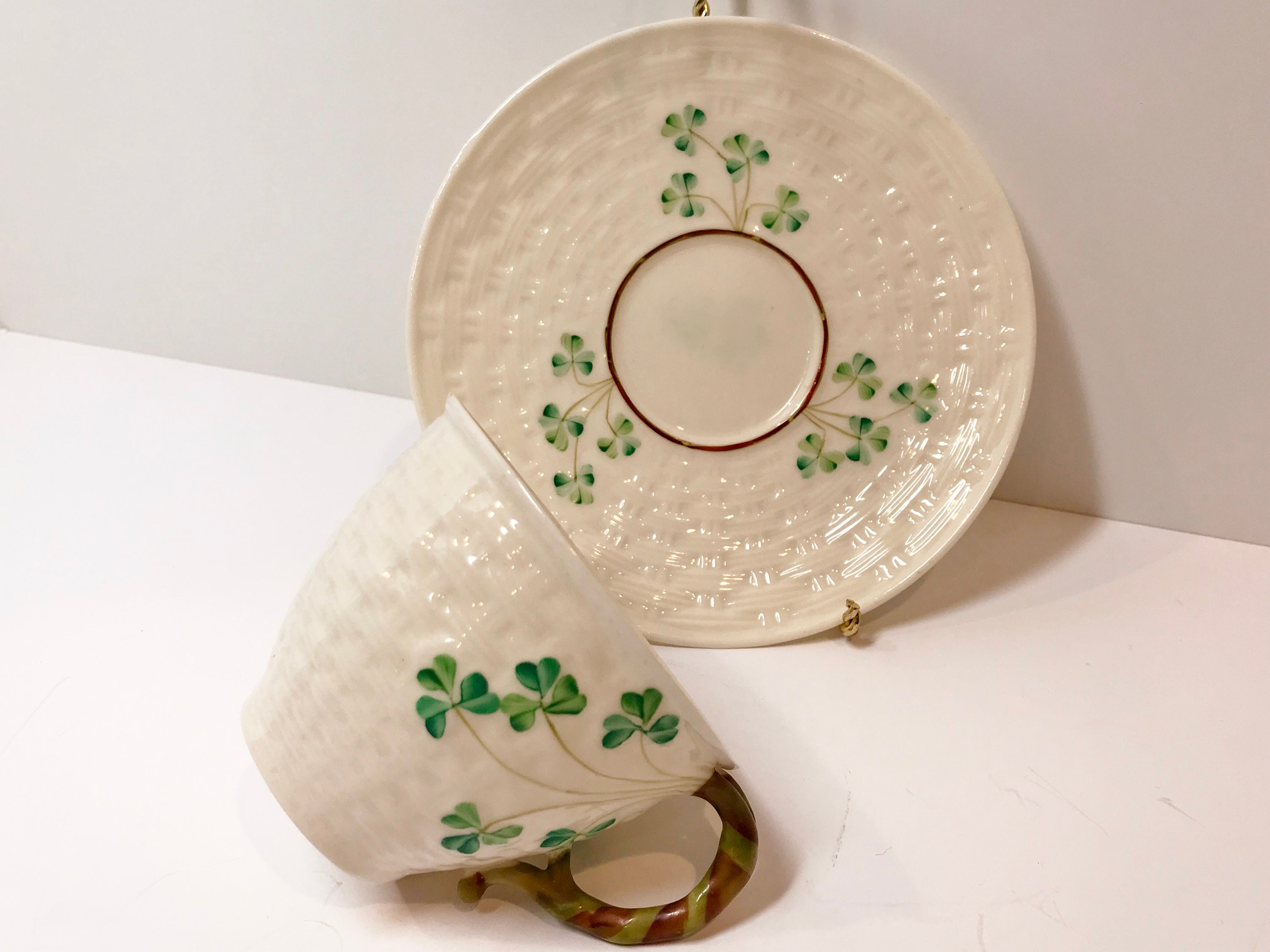 Shamrock Belleek Tea Cup and Saucer, Irish Tea Cup, Basket Weave ...