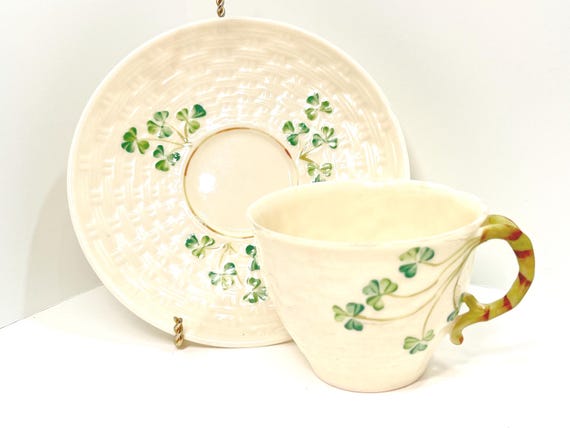 Shamrock Belleek Teacup and Saucer , Irish Tea Cup , Basket Weave Belleek China , Belleek Tea Cup , Gift for Irish , Housewarming Gift