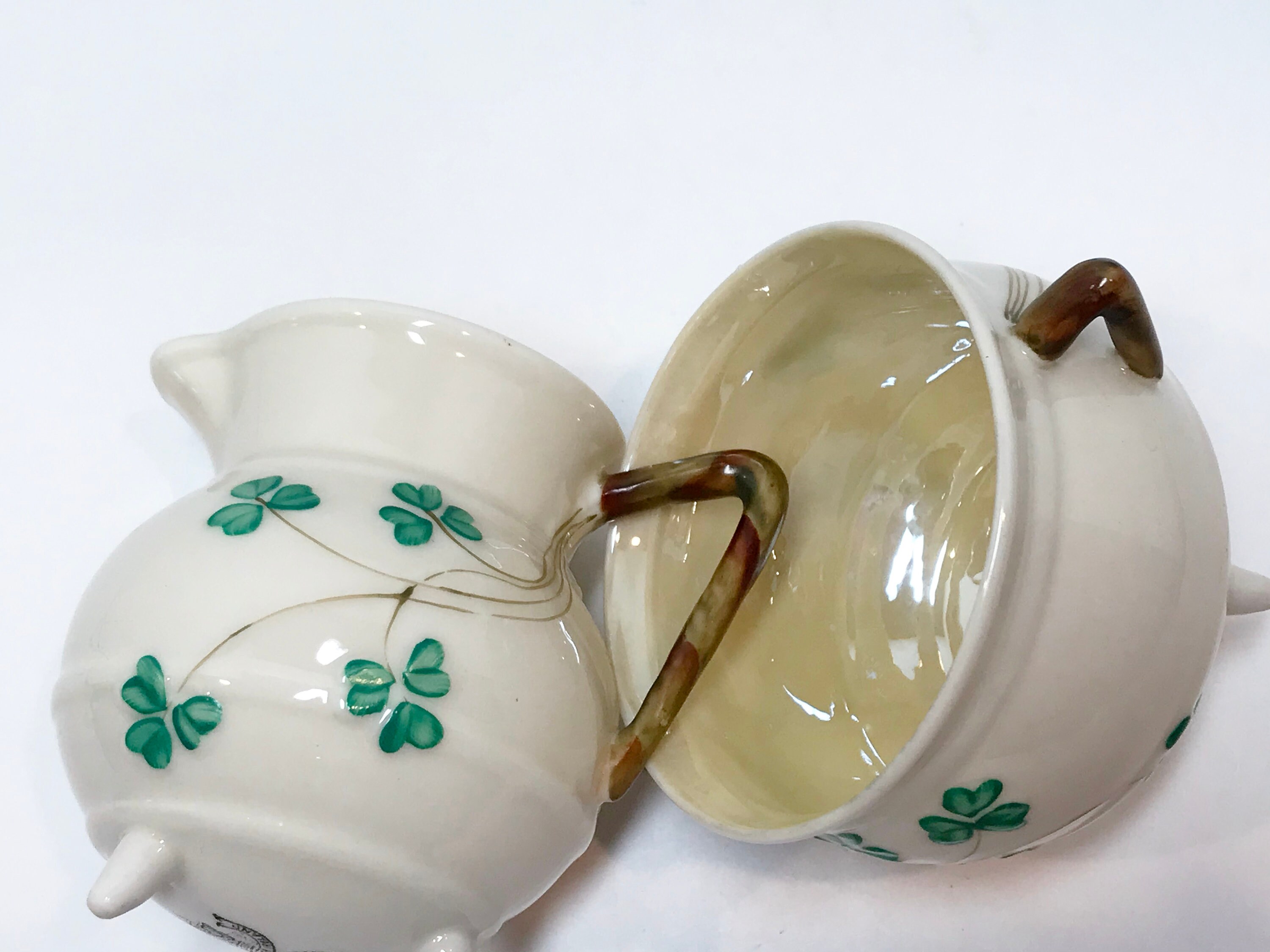 Black Mark Belleek Sugar Bowl and Creamer, Shamrock Ware Set, Made in