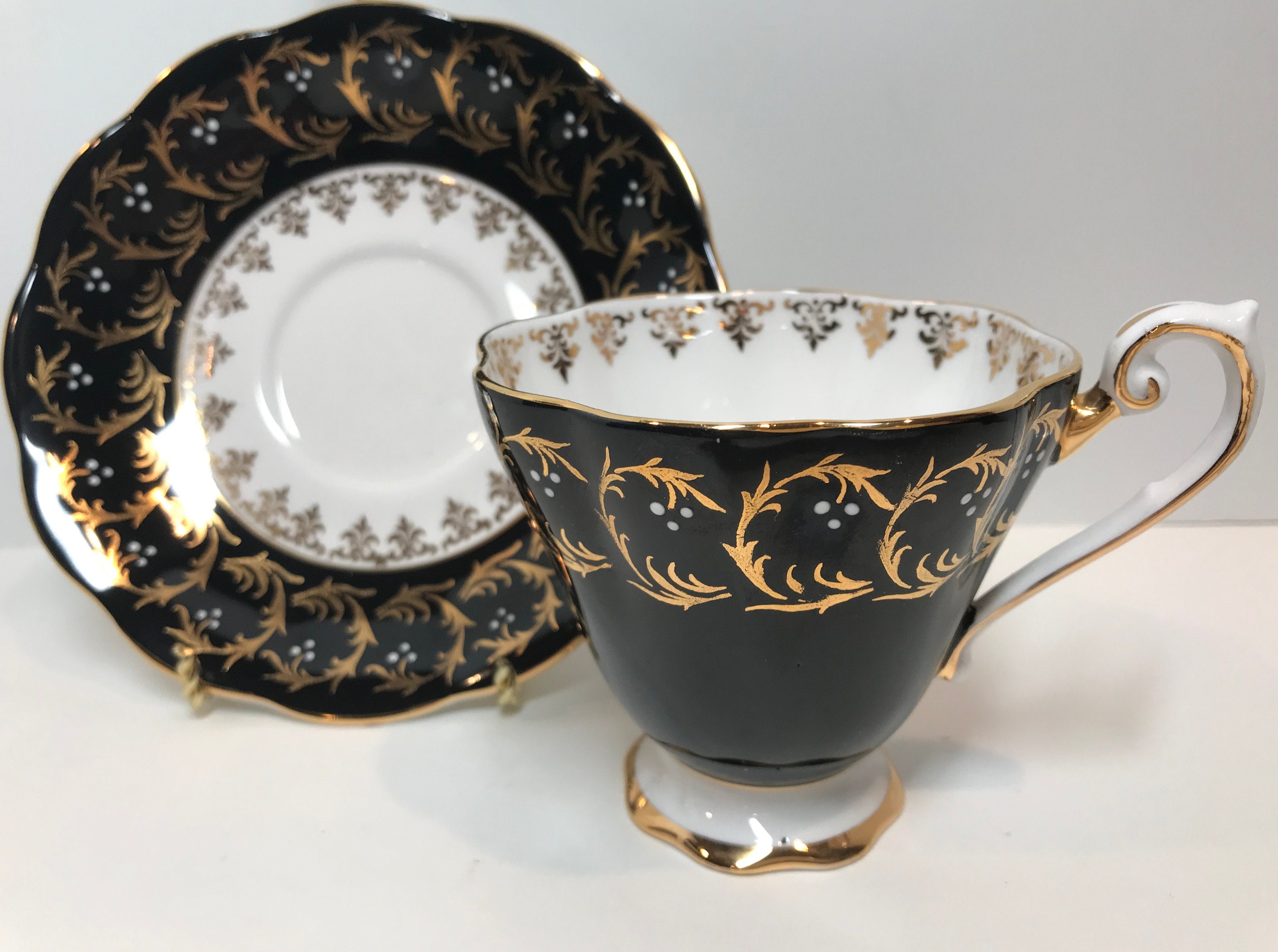 Royal Standard Tea Cup and Saucer, Black Gold Cups, Antique Teacups