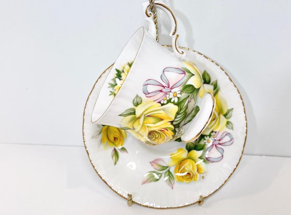 Royal Crest Teacup and Saucer, Ribbon Teacup, Yellow Rose Teacup, Floral Teacup, Gift for Her, Housewarming Gift, Anniversary Gift