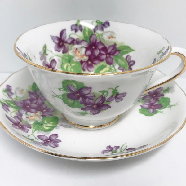 Tuscan Teacup and Saucer , Violet Tea Cup , Floral Tea Cup , Vintage Teacup , English Teacup , Hostess Gift , February Birthday Gift