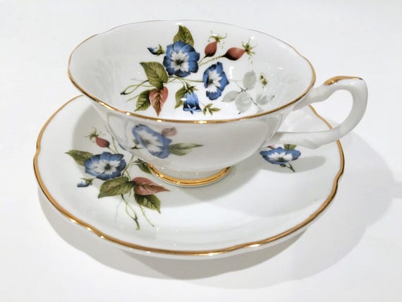 Royal Grafton Bone China Teacup and Saucer, Blue Blossom Design, Gold Trim