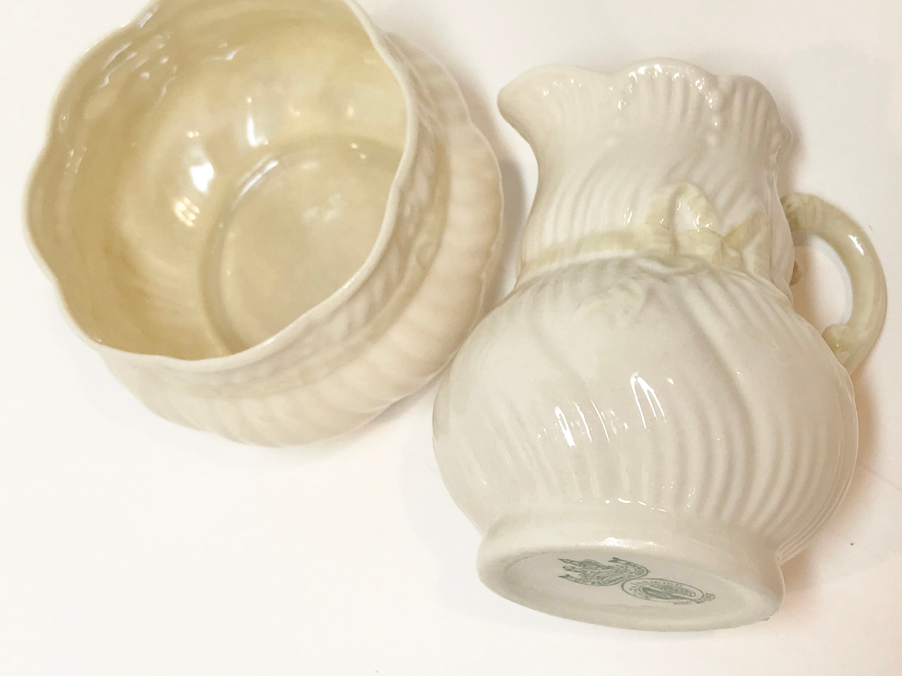 Belleek Pitcher and Bowl, Belleek Ribbon Bow, Fourth Green Mark Belleek