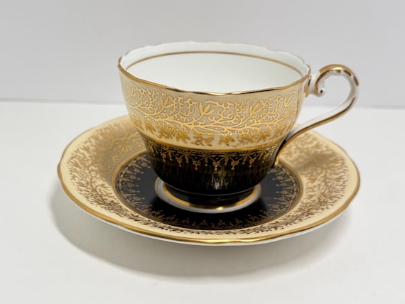 Aynsley Bone China Teacup, Gold Black Floral Design, Pedestal Base (6oz)