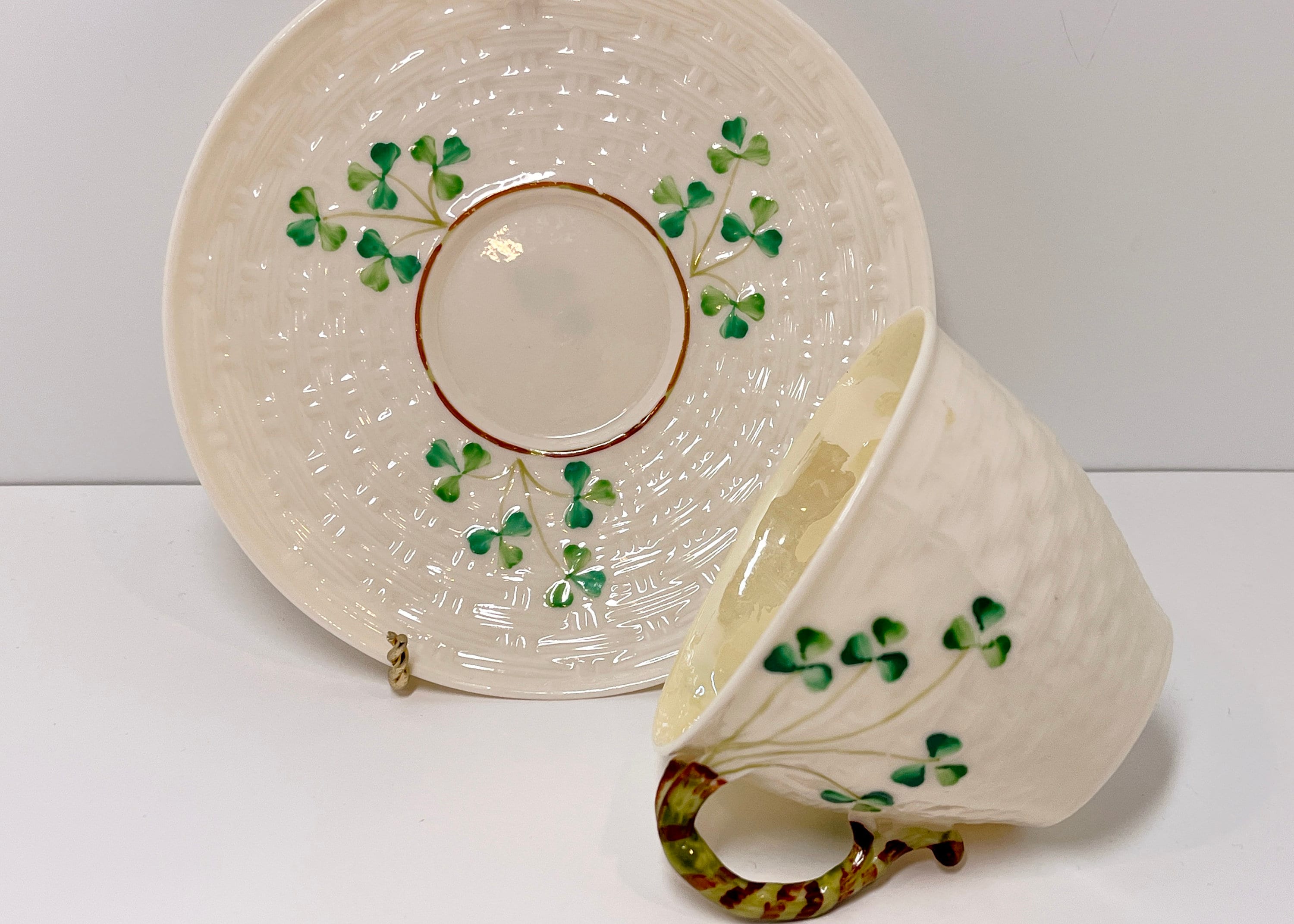 Shamrock Belleek Tea Cup and Saucer, Irish Tea Cup, Basket Weave