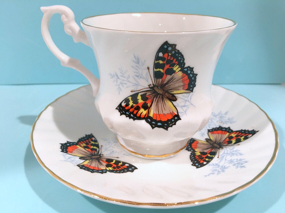 Butterfly Tea Cup and Saucer Royal Dover Teacup Bone China Etsy