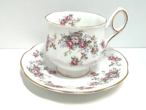 Rosina Bone China Teacup and Saucer, Pink Roses, Gold Trim, English Tea Set