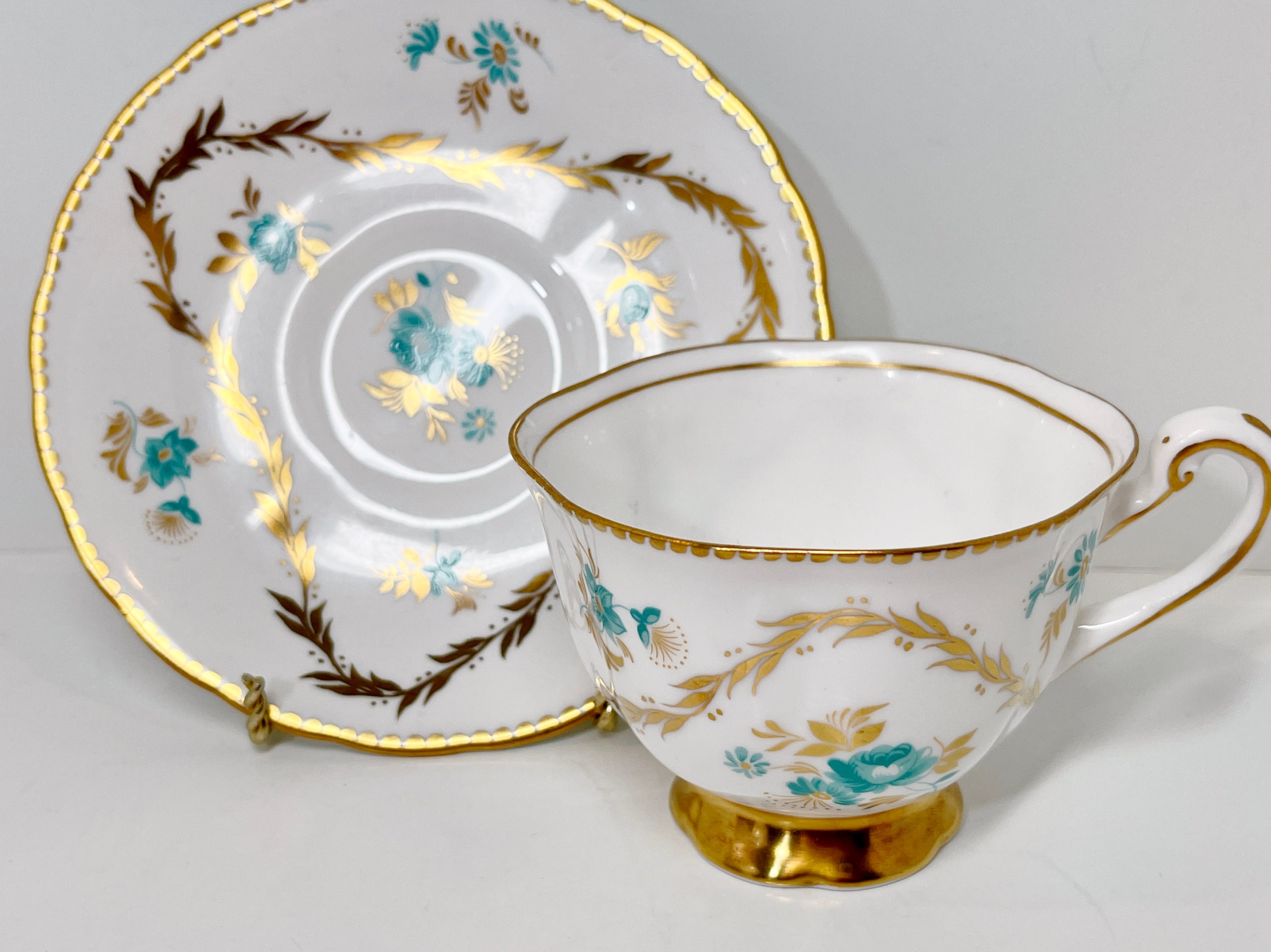 Hand Painted Royal Chelsea Teacup and Saucer , English Teacup , Gold Blue Tea Cup , Bone China