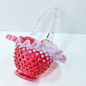 Fenton Basket, Pink White Ruffled Basket, Fenton Hobnail Basket, Pink Glass Basket, Gifts for Her, Anniversary Gift, Birthday Gift