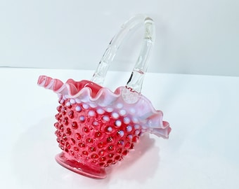 バスケット ヴィンテージ ピンクガラス フェントン リップルリム